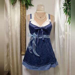 ♡ Y2K ♡ Hollister Blue Floral Ribbon Tie Front Babydoll Tank Top